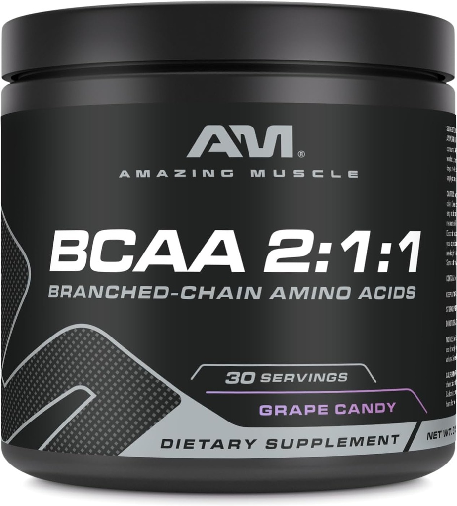 Amazing Muscle BCAA 2:1:1 | 30 Serveringer | Naturlig Flavor | 315 gram pulver | Branched kjede Aminosyrer Supplement | Laget i USA (30 Serveringer, Grape Candy)