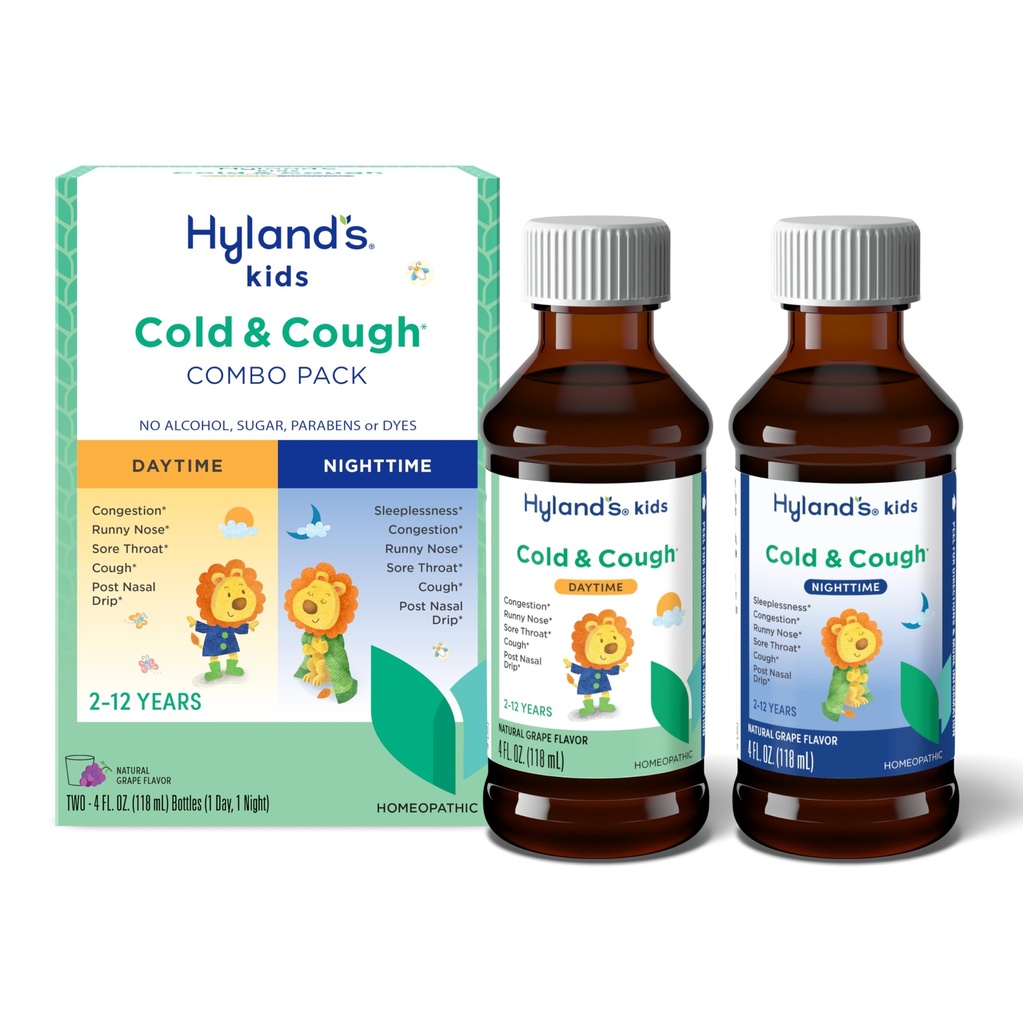 Hyland's Kids Cold and Cough, Day and Night Combo Pack, Cold Medicine for Ages 2 og opp, Grape Flavor Syrup Cough medisin for barn, Nasal Decongestant, 4 Fl Oz (pakke med 2)
