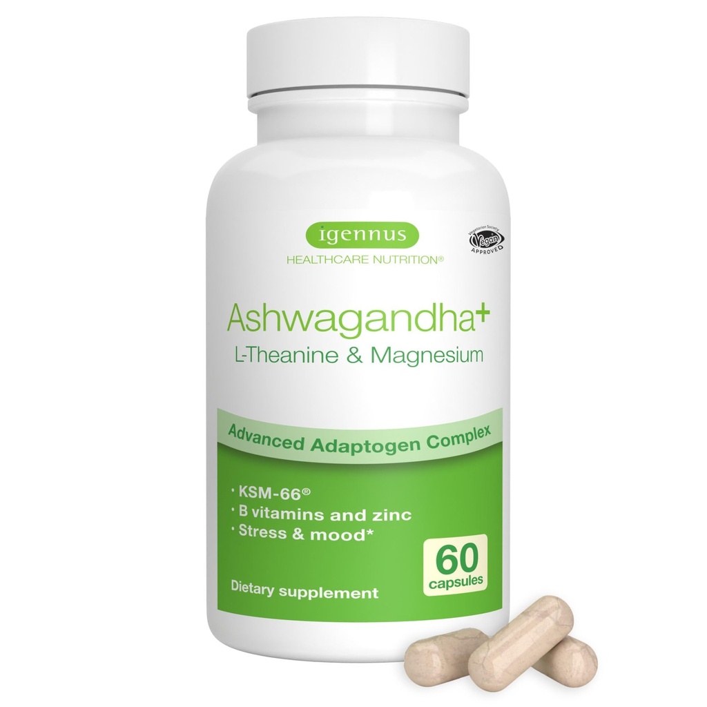 Igenus høy styrke Ashwagandha Stress Relief Complex, L-Theanine & Magnesium & KSM-66 Root Extract Adaptogens, Metylert B vitaminer, rolig og søvn støtte, ren etikett, 60 raskt fungerende kapsler