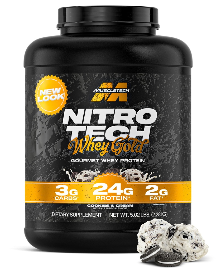 Muscletech Whey Protein Powder (cookies og krem, 5LB) - Nitro-Tech Whey Protein Isolate Smoothie Mix for lean Muscle & Recovery - 24g Whey Gold Protein for kvinner og menn - Emballasje May Vary