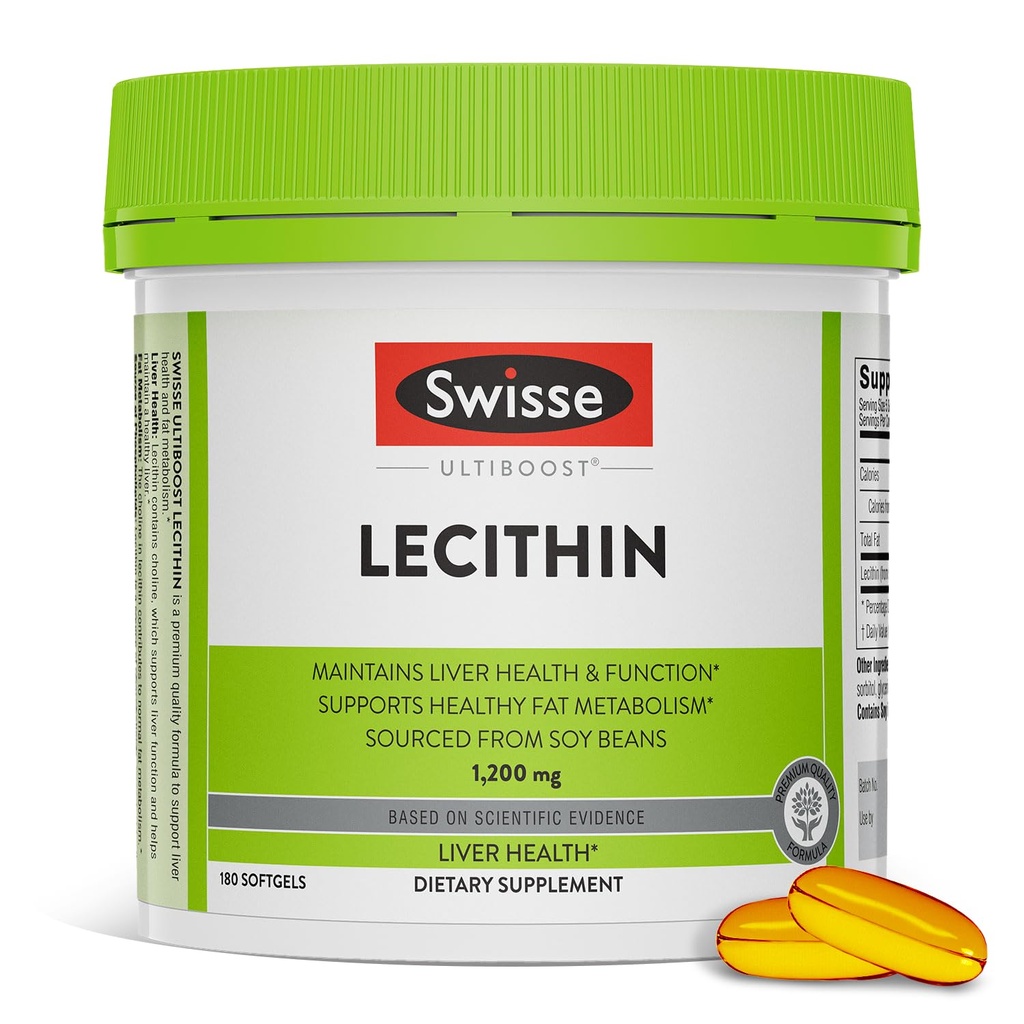 Sveitsisk Soy Lecithin 1200mg Softgels Kapsler | opprettholder lever helse og funksjon * | Støtter fettmetabolisme * | Choline Lecithin Supplement 1200 mg | 180 Softgels