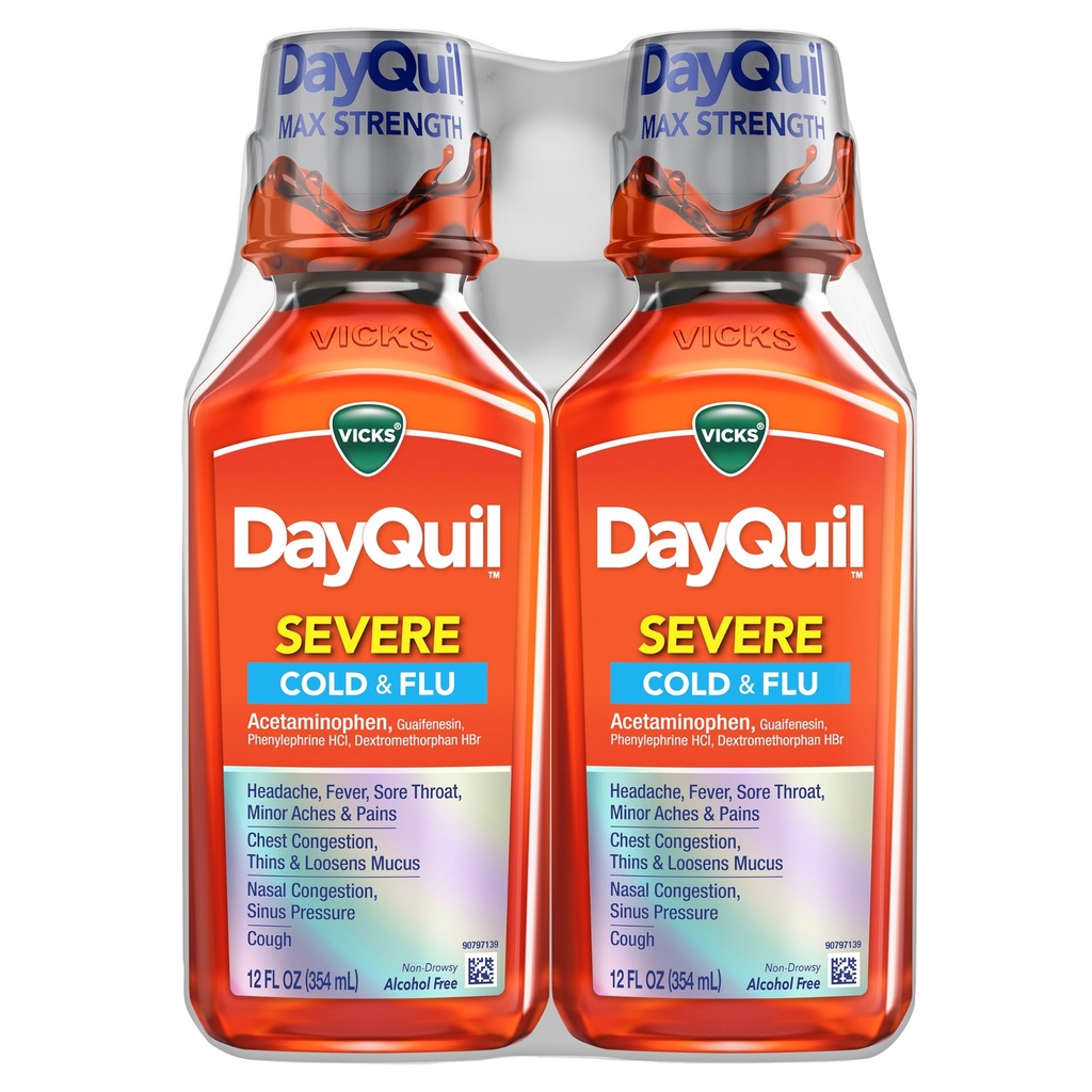 Vicks DayQuil Alvorlig kald og influensa flytende medisin, Daglig lindring for hodepine, feber, Sore Throat, mindre smerter og smerter, brystkongesitet, Stuffy Nese, Nasal kongessjon, Sinus Pressure, & Cough, 2x12oz