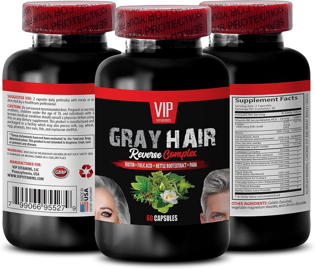 Saw Palmetto Mens Hår - Grå Hår Reverse Complex - Naturlig løsning - kraftige resultater, Grå Hår Menn, Biotin vitaminer for hår og negler, Paba Supplement, Grå Hår Supplement, 1 Bot 60 Caps
