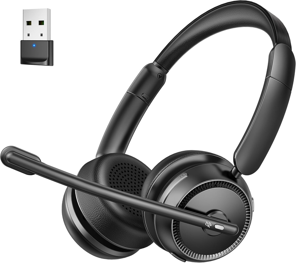 Bluetooth-hodesett med AI-støy Avbryt mikrofon, Stereo HiFi Bluetooth-hodetelefoner, trådløst hodesett med USB-dongle for datamaskinkontorsamtalesenter Skype Zoom Møter Trucker