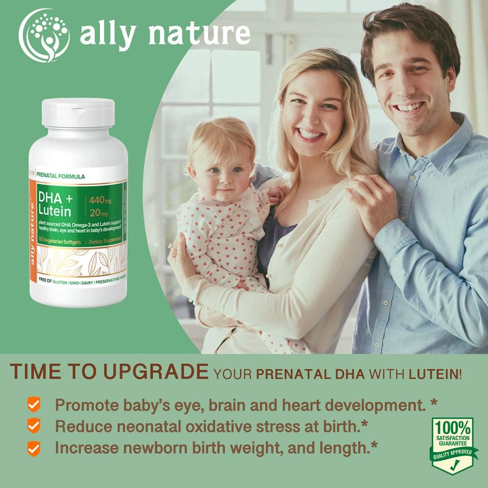 Vegansk Prenatal DHA 440mg – Lutein 20mg For Graviditet – Ikke-GMO Prenatal Multivitamin For Gravide Kvinner- Støtte Sunn Hjerne, Øye og Hjerte I Babys utvikling - 60 Softgels