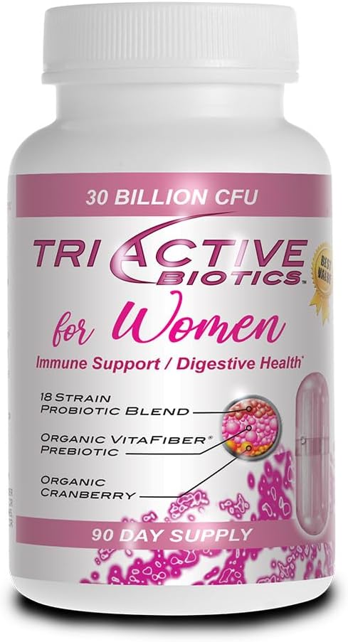 Essential Source Triactive Biotics for kvinner - Probiotika for kvinner med 18 Strains, organiske VitaFiber Prebiotic & Cranberry til Digestiv støtte, immunforsvar, Urinal, Vaginal helse - 90 kapsler