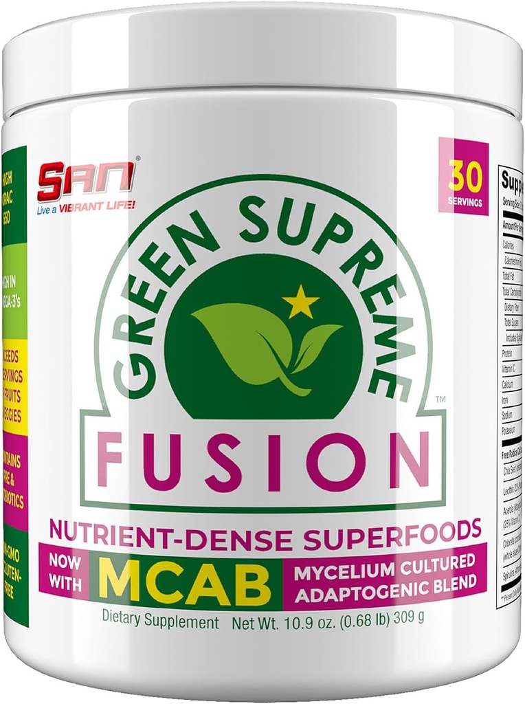 SAN Nutritions Grønn Supreme Fusion Blend Antioksidant: Super Greens Smoothie Blande med Spirulina, Klorella, Adaptogen Mushrooms, 30 Services