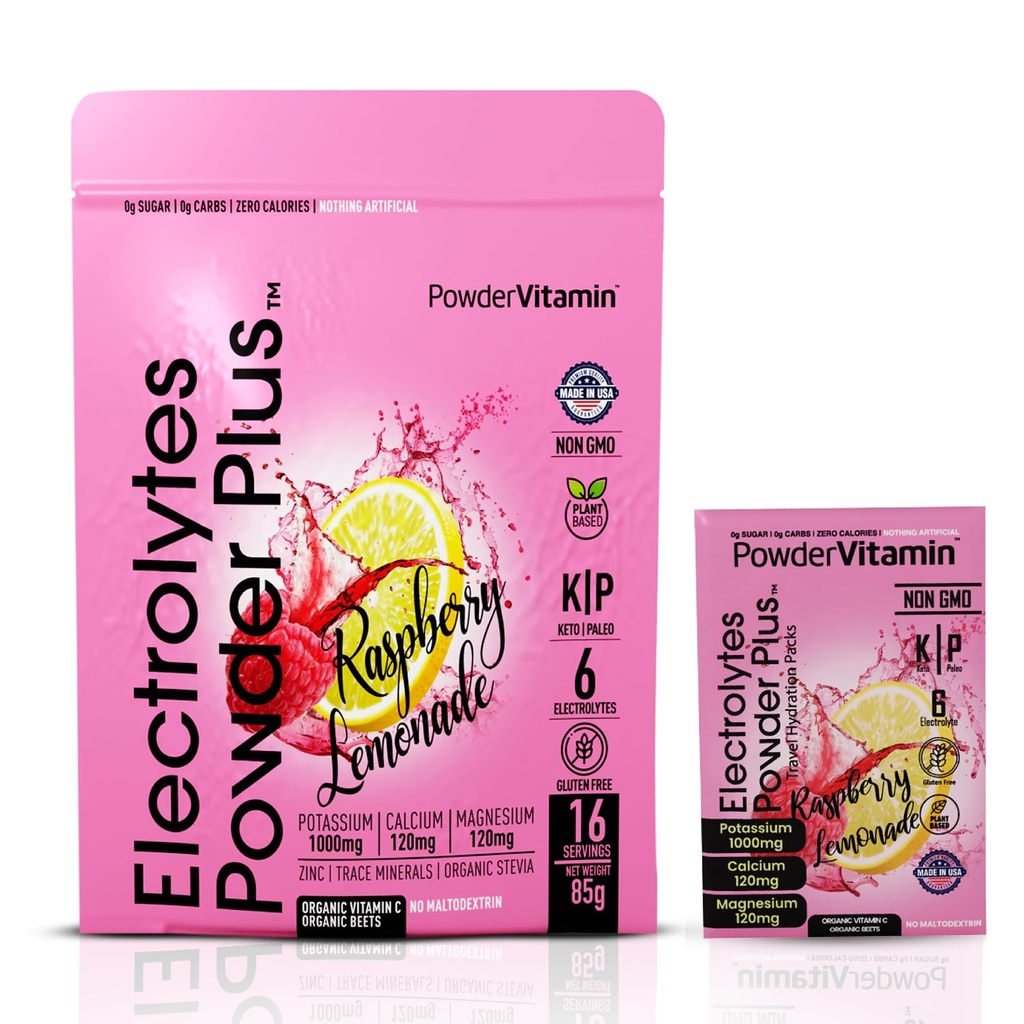 PowderVitamin Electrolytes pulver Plus, keto, bringebær sitronade, sukkerfri, rosa Himalayan salt, 1000 mg kalium, 120 mg kalsium, 120 mg magnesium, ikke-GMO, null kalorier, (16 Hydration Packets)