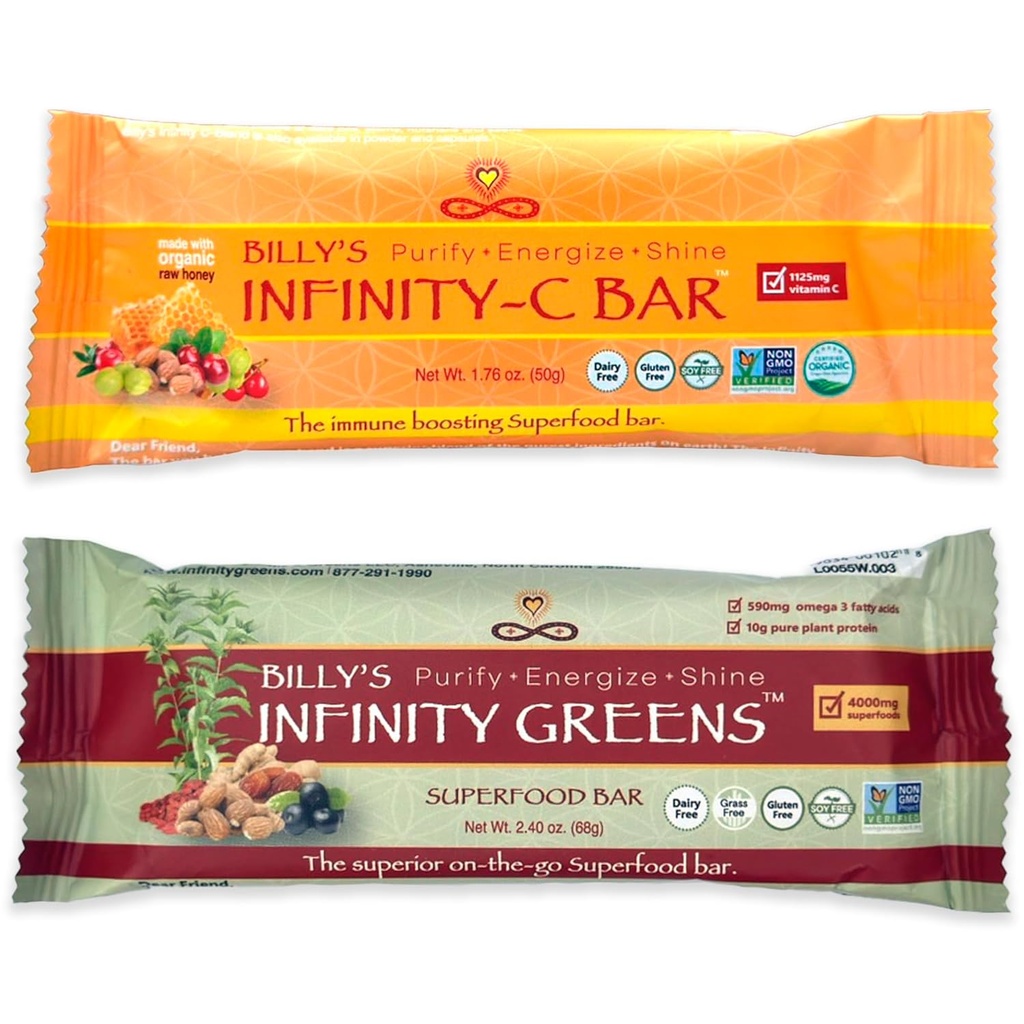 Infinity Greens Bundle, 1 boks grønn Superfood Bars (12 pakke), 1 boks organisk vitamin C Snack Bars (12 pakke)