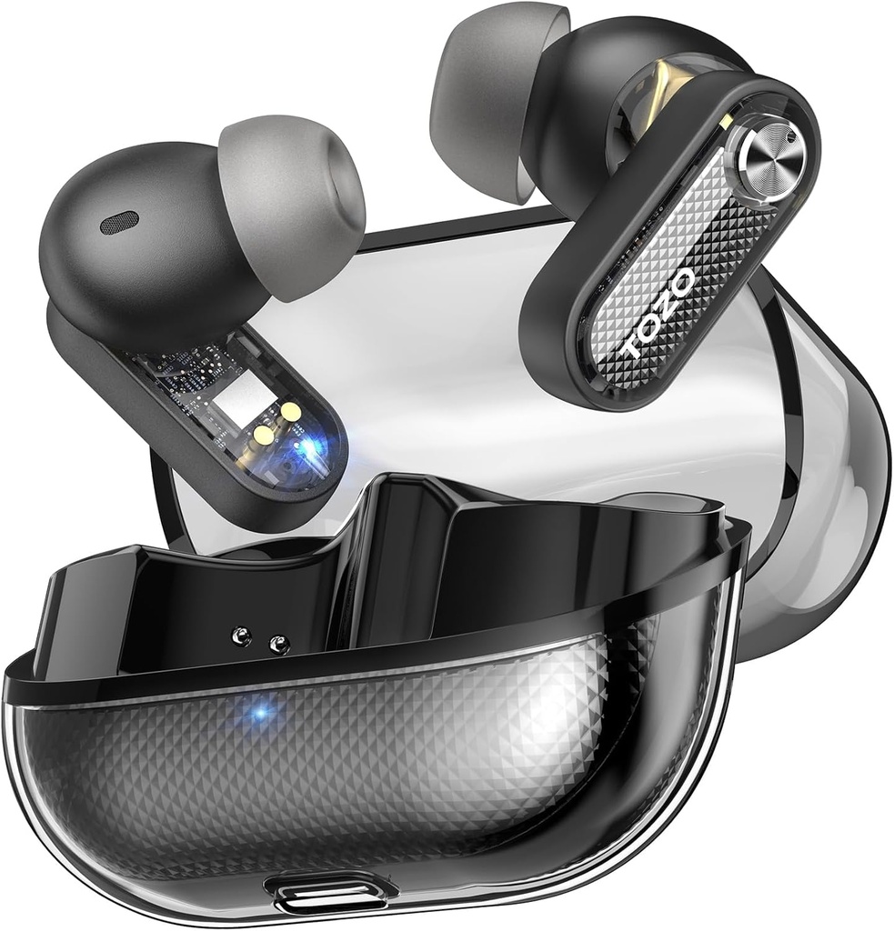 TOZO Crystal Pods Hybrid Active støy Avbryt trådløse ørepropper, 10 mm drivere Deep Bass Stereo Sound, 4 mikrofoner Smart ENC AI ringer, 32 EQ via app, Bluetooth 5.4 Hodetelefoner, Crystal Case Design