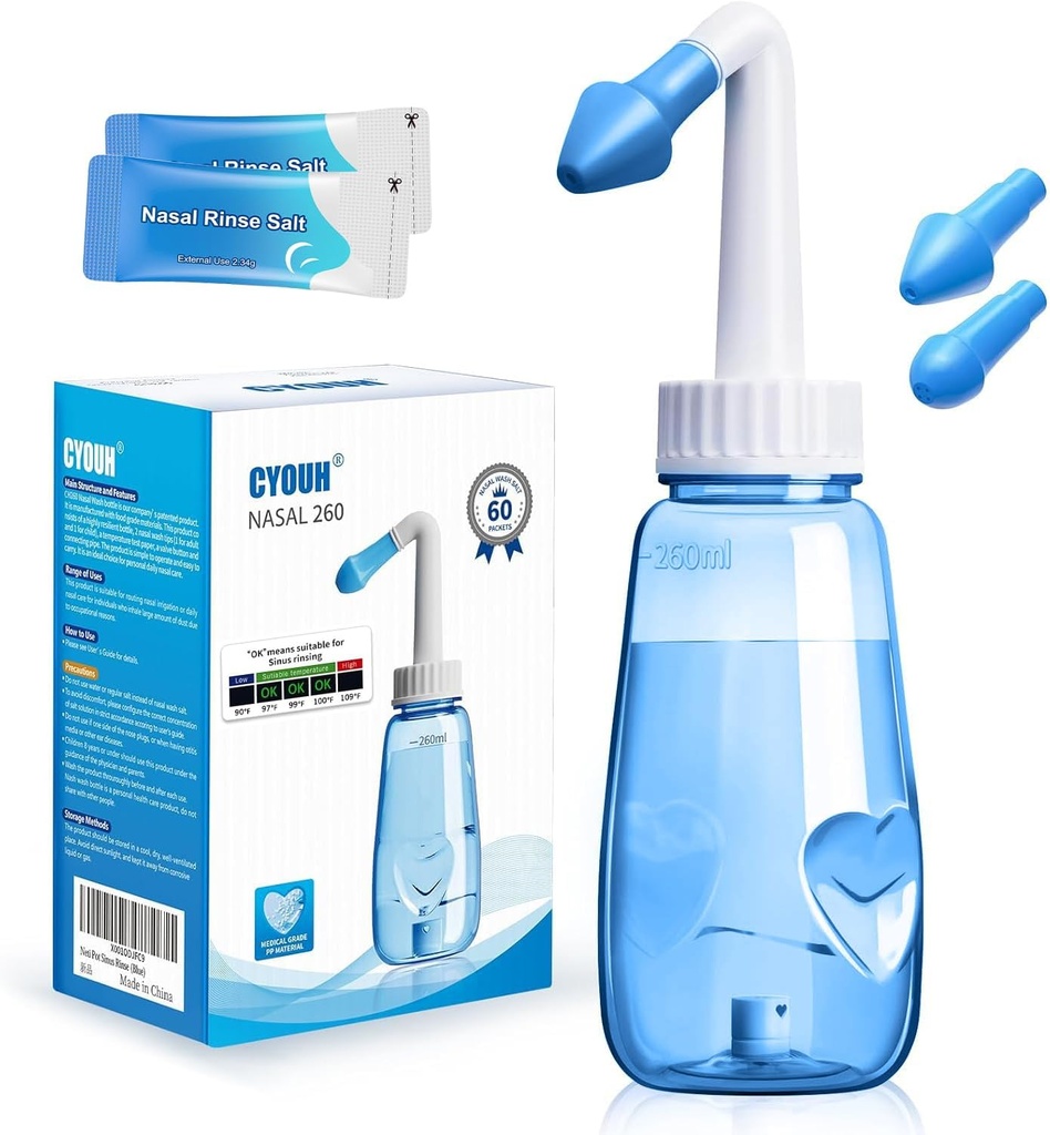 Neti Pot Sinus rengjøringsflaske 260 ML med 60 Nasal Vaske salt pakker og klistremerke termometer nese vaske renere trykk rengjøring Nasal irrigasjon for voksen og kid BPA gratis (Blue)