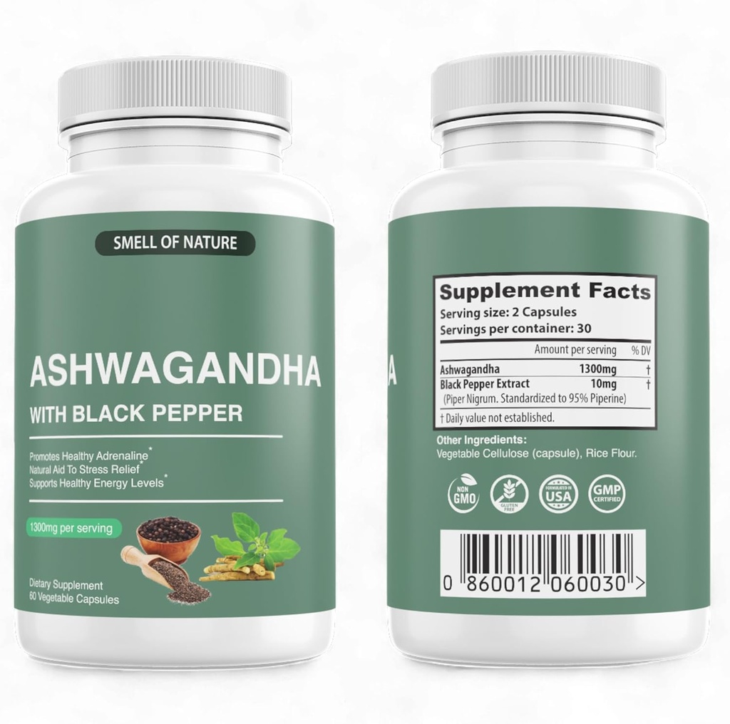 Naturens lukt organiske Ashwagandha Supplement med svart pepper ekstrakt - 1300 mg ren Ashwagandha ekstrakt - energistøtte - ikke-GMO, Glutenfri, Vegan - 60 kapsler