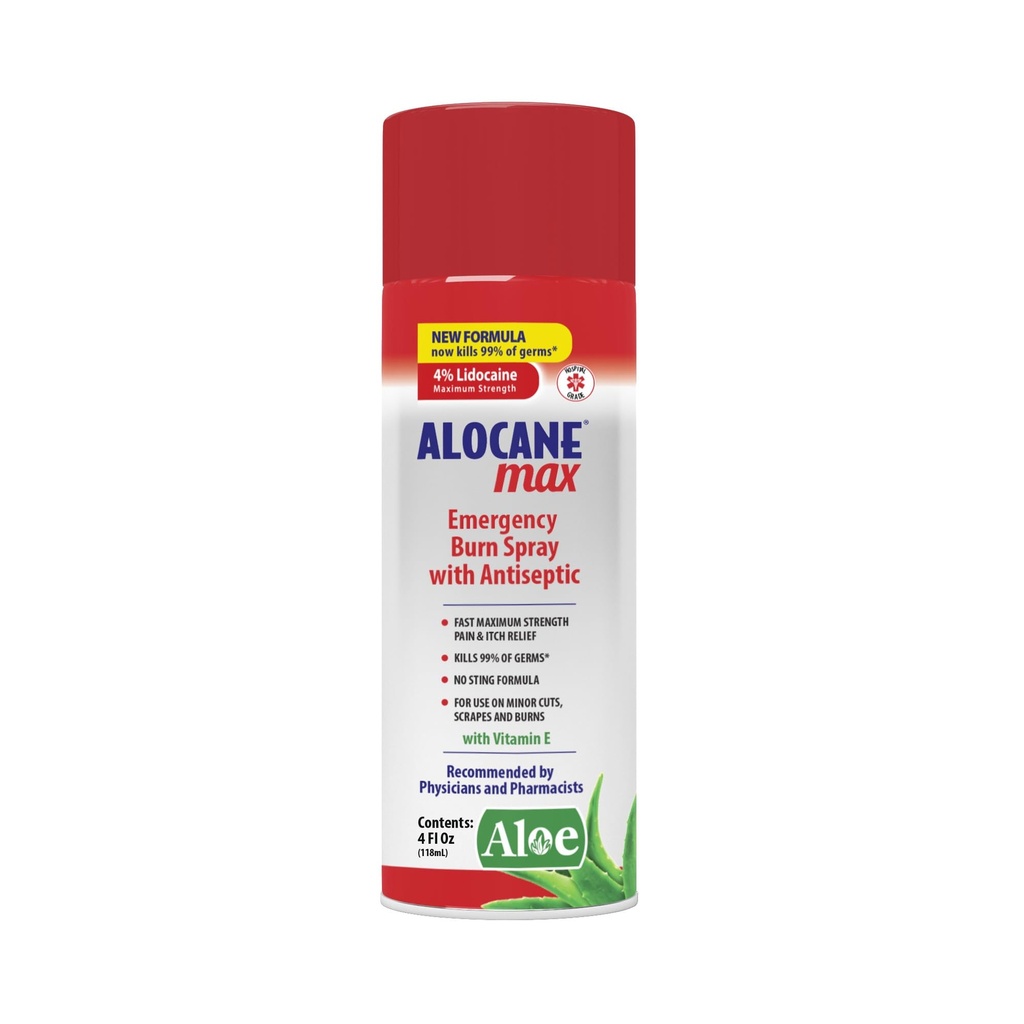 ALOCANE Emergency Burn Spray, 4% Lidocaine Max styrke rask smerte kløe lindring for mindre brenner, Sunburn, kjøkken førstehjelp behandling Burn Care, 4 Fl Oz