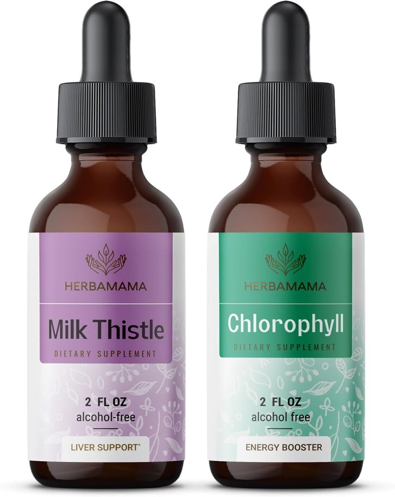 HERBAMAMA Herbal flytende dråper Kit - Bundle of Milk Thistle Extract 2 floz og flytende klorofyll 2 floz - Vegansk kosttilskudd flytende ekstrakt - ikke GMO, sukker og alkohol-fri - 2 pakke