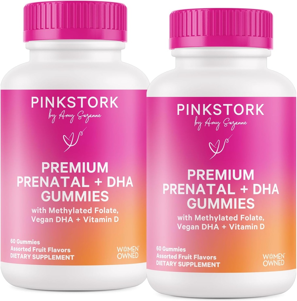 Pink Stork Premium Prenatal Gummy vitaminer med DHA, Folat og vitamin D - 60 Vegansk Gummies - 2 Pack