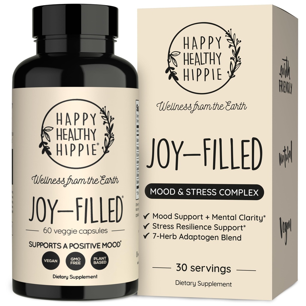 Joy-fyllt Mood Support Supplement - 7 urter komplekse w/St. Johns Wort | Stress Relief - Hjelper rolig sinnet og kroppen | 100% Plant-baserte Happy Pills, Ashwagandha, Rhodiola Rosea | Adaptogens, 60 Ct