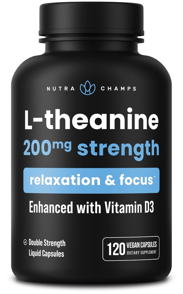 NutraChamps L-theanine 200mg Kapsler | Dobbelt-styrke L-theanin væske med vitamin D3, organisk kokosolje | støtter humør, fokus, stress relief | for barn og voksne | 120 Vegan Kapsler