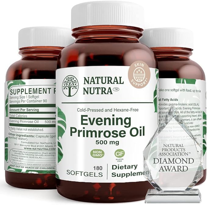 Naturlig Nutra Aften Primrose Olje Supplement fra fettsyre, bidrar til å overvinne kroppssmerter, Nerve helse, fremme Hearth Helse og hud klarhet, hjelper med å redusere Digestive Discomfort, 500 mg, 180 Softgel
