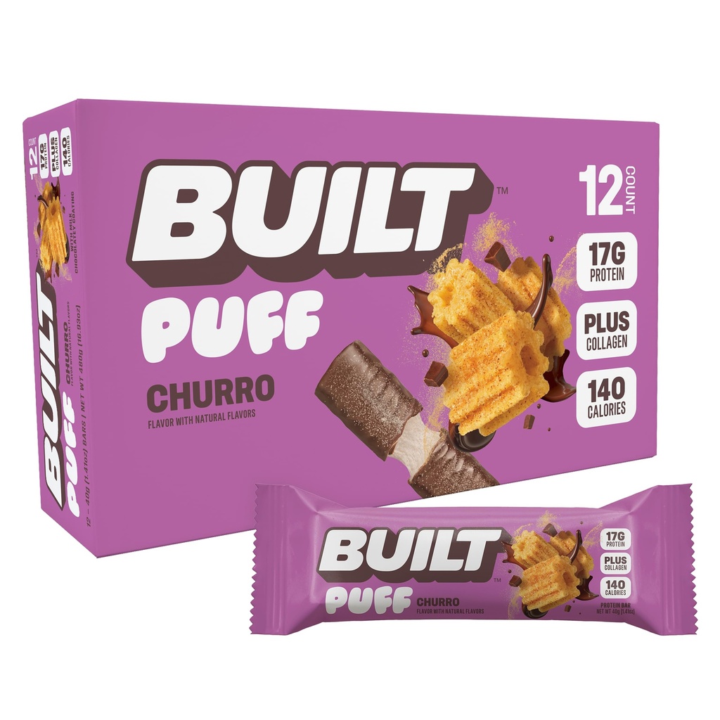 Bygget Bar, Puff Protein Bars, Churro Puff, 17g Protein Snacks, On-The-Go Bars, Kun 140 kalorier og 6g sukker, kollagen, Glutenfri, 12 greve