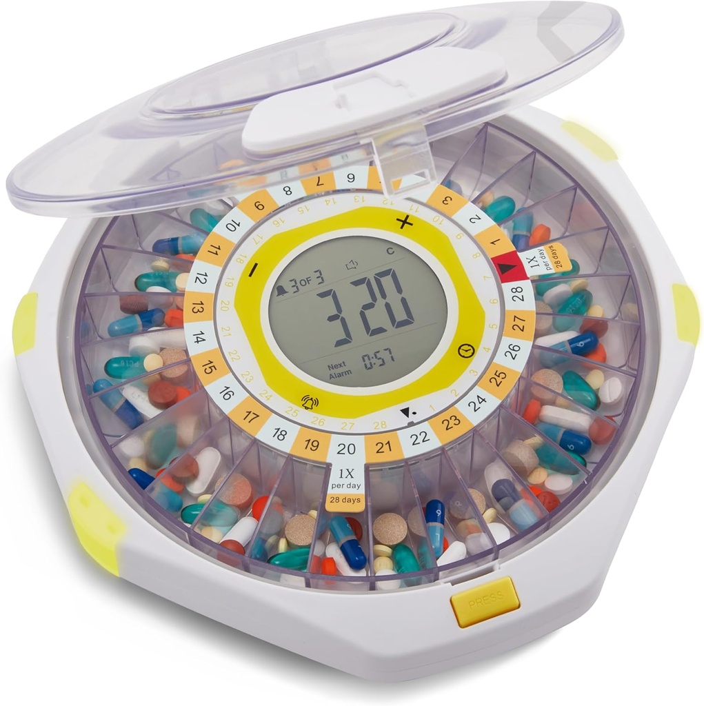 LiveFine Bluetooth Automatic Pill Dispenser, 28-dagers kapasitet, lyd og lysvarsler, nøkkellås, LCD og enkel oppsett på LiveFine App for resept, medisiner, vitaminer og kosttilskudd - Clear Lid