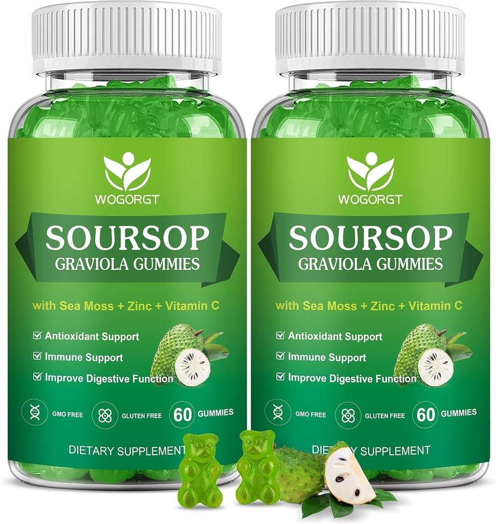 Soursop Graviola Gummier med Sea Moss Extract - Antioksidant, Cell Support & Regenerasjon, Immunstøtte, Soursop Gummy med Sea Moss, Vitamin C & Zink, Apple Flavor - 60 Gummies(2 Pack)