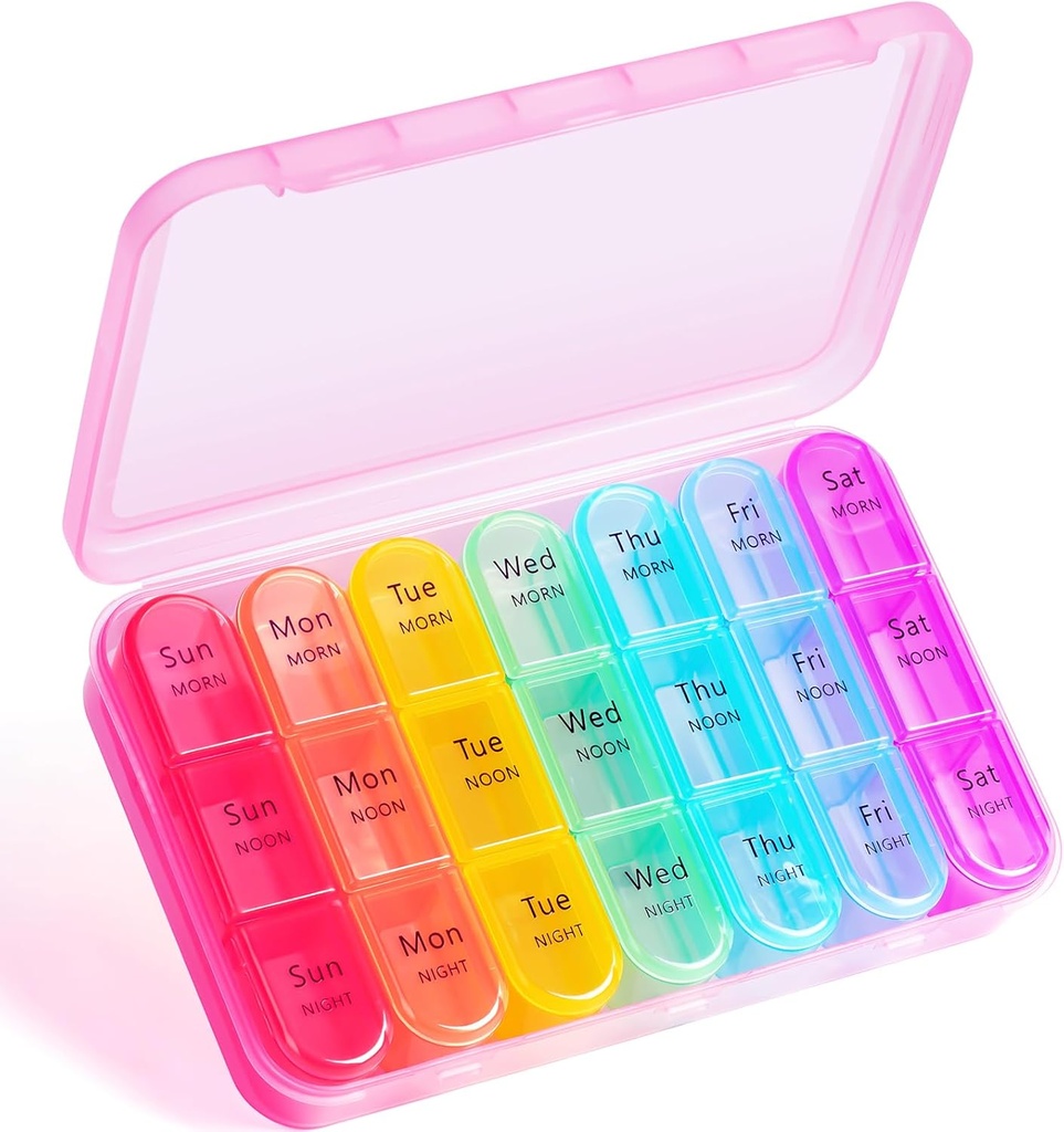 Weekly Pill Organizer 3 ganger om dagen - Odaro 3 ganger om dagen, Stor Pill Box 7 dag, Portable Pill Case for Purse, Daily Pill Organizer, Medicine Organizer for vitaminer,Supplement og Medisinering (Pink)