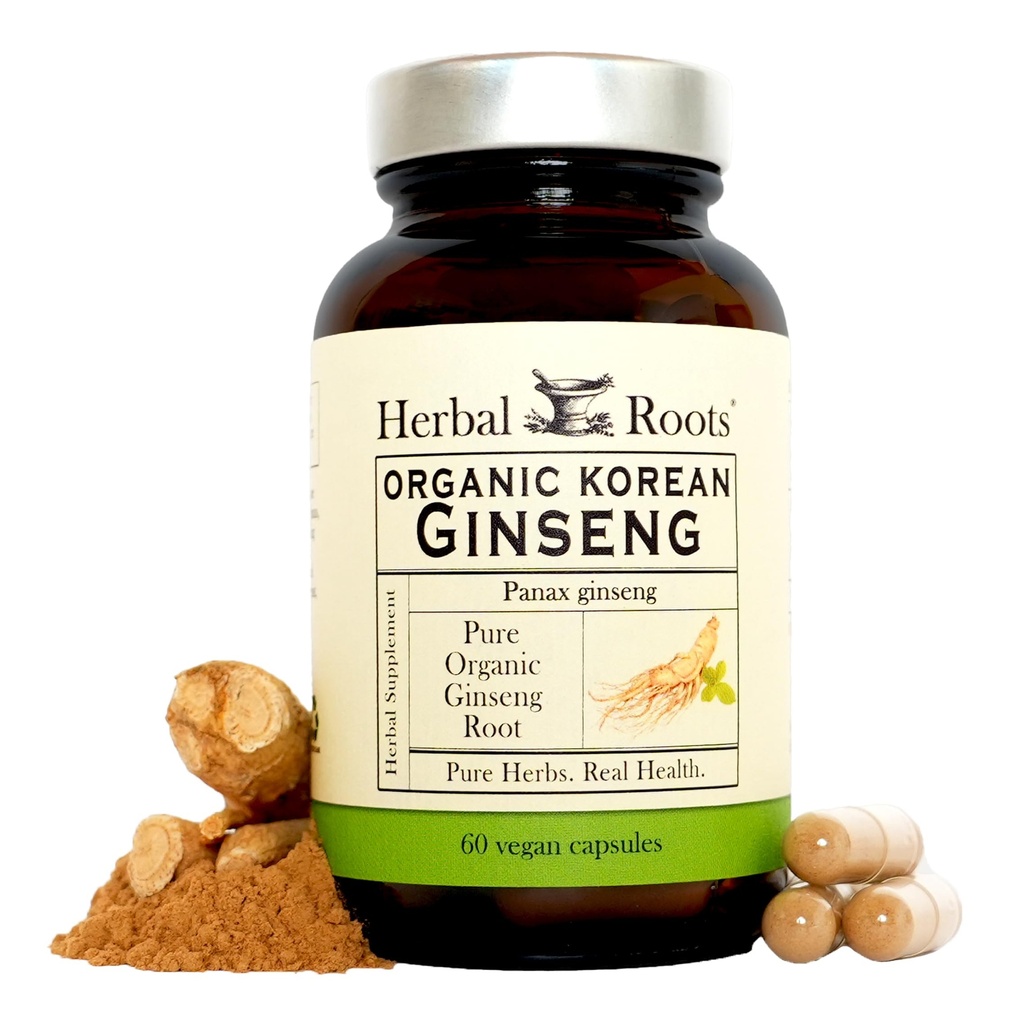 Herbal Roots Panax Ginseng  Korean Organisk koreansk Ginseng Root Powder | 1000 mg | Høye Ginsenosider for energi og ytelse | 60 Vegan Kapsler