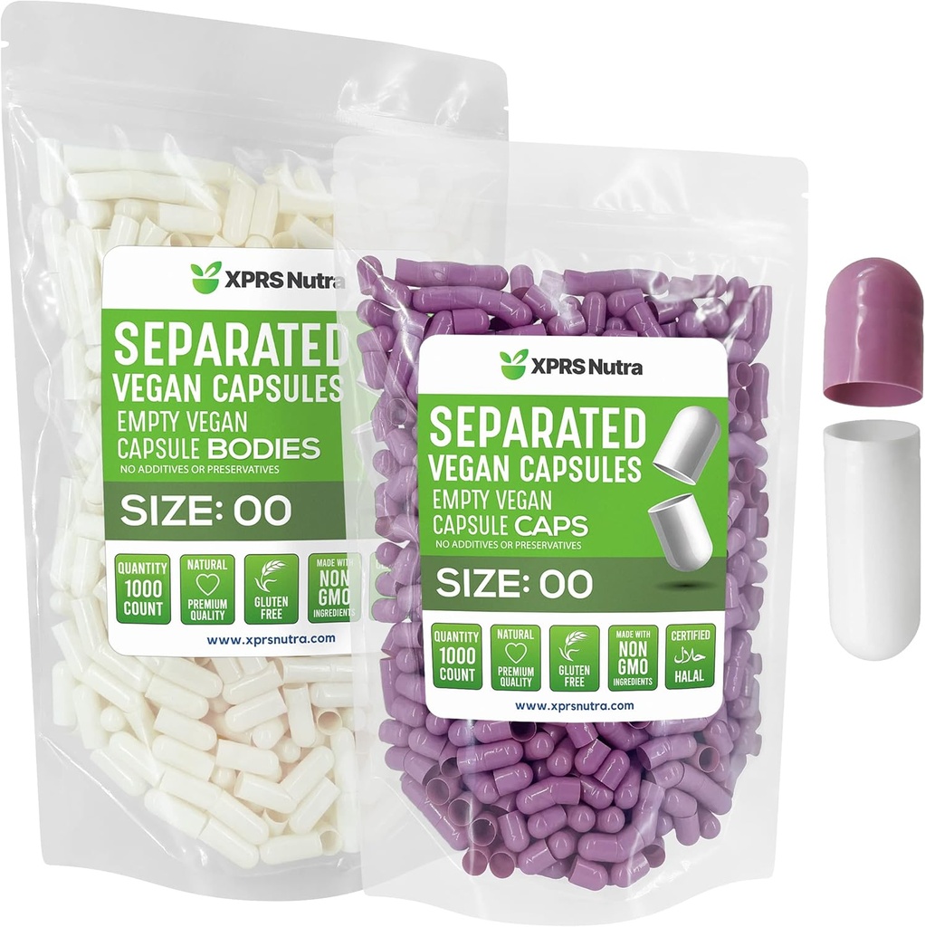 XPRS Nutra Vegansk Størrelse 00 separate kapsler - 1000 greve Premium tomme kapsler adskilt i poser - 00 piller tom for DIY Supplement Fylling (lavendel / hvit)