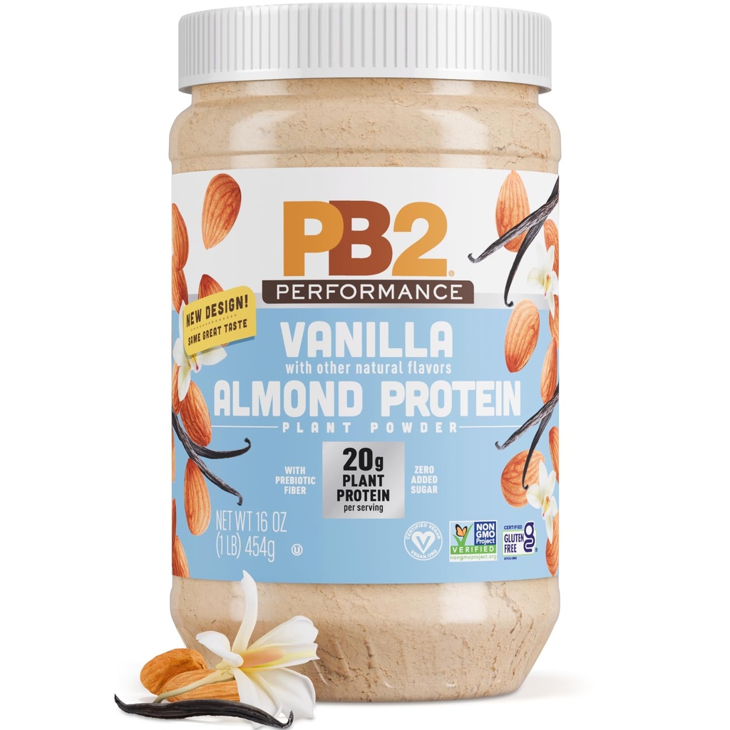 PB2 Performance Almond Plante Basert Vegansk Protein pulver | 20g Komplett Protein, Ingen tilsatt sukker, Prebiotisk Fiber | Dairy Free, Certified Vegansk, Ikke-GMO, Glutenfri [Almond w/Madagascar Vanilla, 1LB]