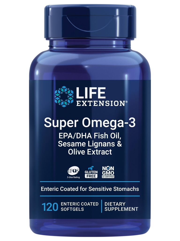 Livsforlengelse Super Omega-3 EPA/DHA Fiskeolje, Sesame Lignans & Olive Extract - Hjernehelse, Hjernehelse, Inflammasjonshelsestøtte, Glutenfri, Enterisk-koated, Ikke-GMO, 120 Softgels
