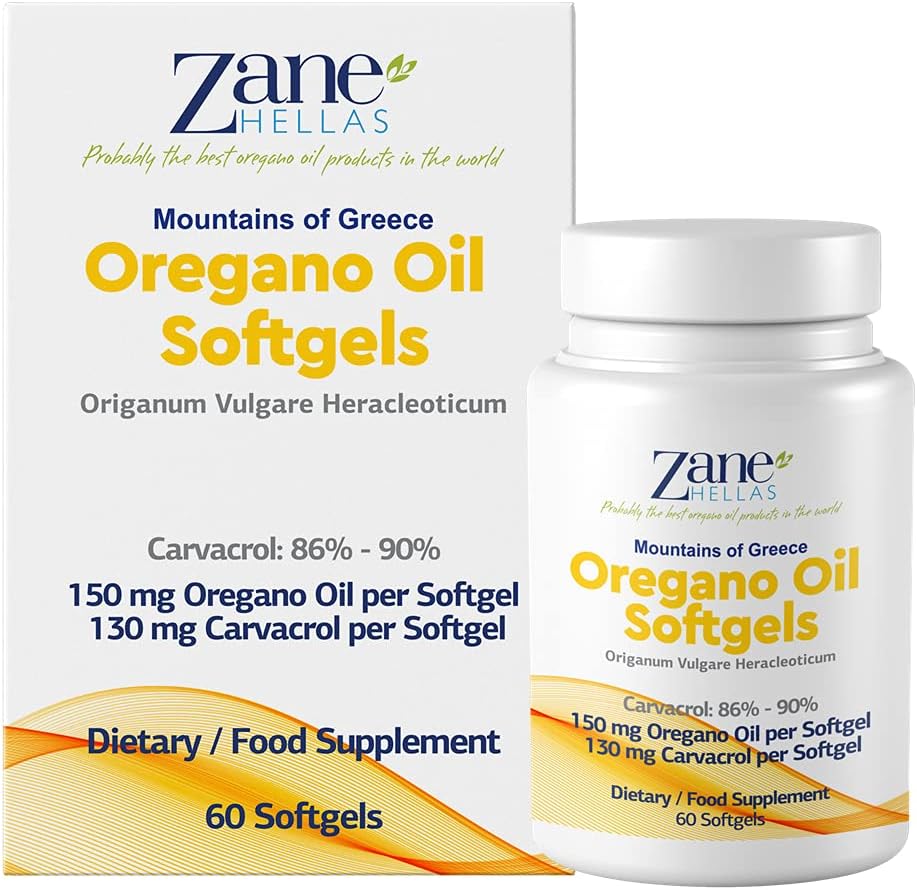130 mg Carvacrol - 150 mg Oregano olje per Softgel. Verdens høyeste konsentrasjon Oregano oljekapsel. Zane Hellas Oregano Oil. Softgel inneholder 30% gresk essensiell olje av Oregano. 120 Softgels.