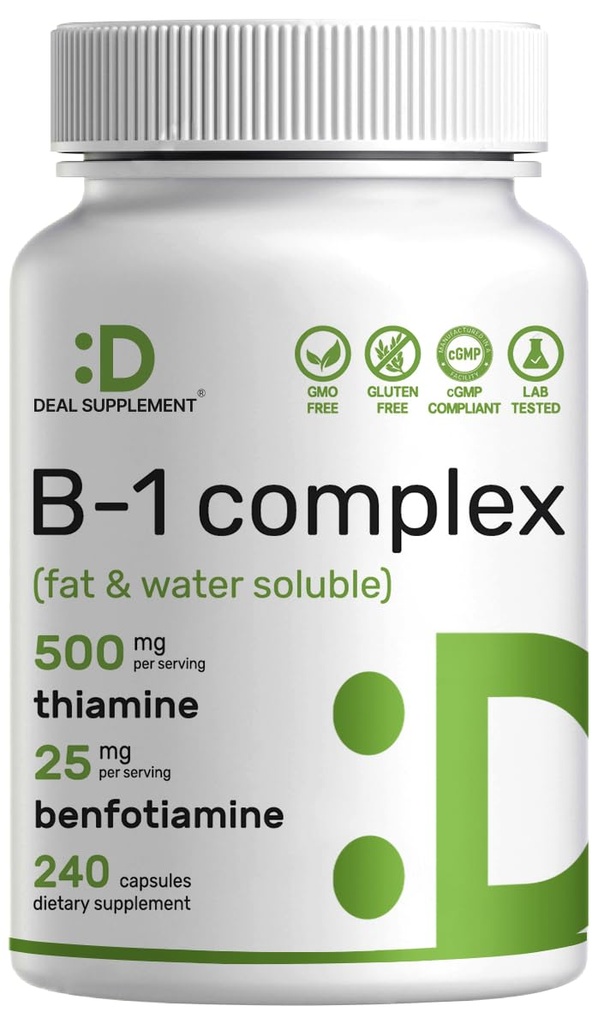 DEAL Supplerende vitamin B1 500mg med benfotiamin, 240 kapsler – 2 i 1 Forbedret formel – Fett og vannløselig Thiamin B1 Supplement – Tredjepart testet, ikke-GMO, Ingen gluten