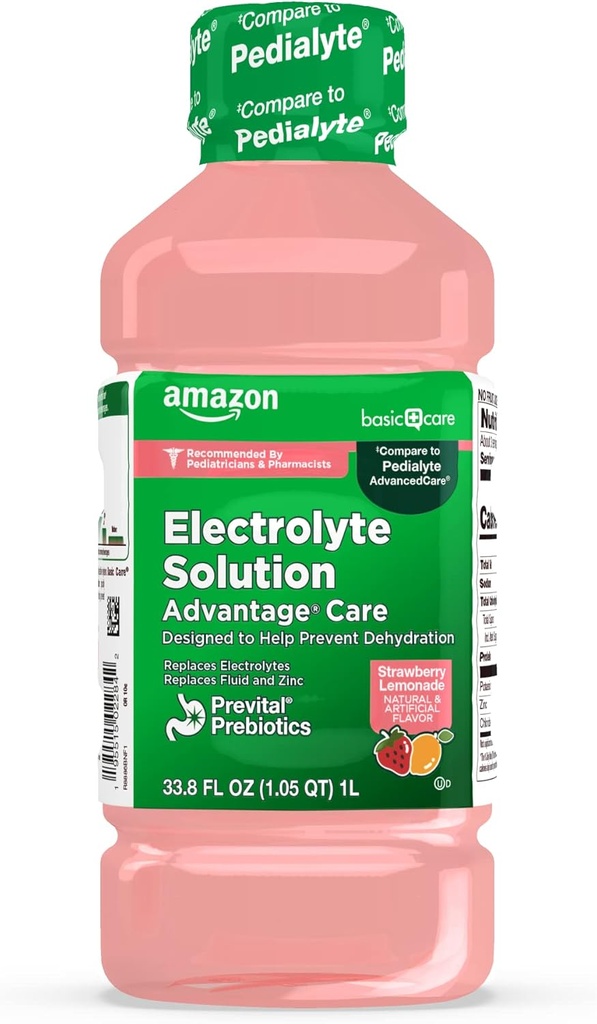 Basic Care Fordeler Care Electrolyte løsning med Preital Prebiotika, Strawberry Lemonade, Hydration Drink, Replenish Electrolytes, Fluid & Zinc, 33,8 fl oz (Pack of 1)