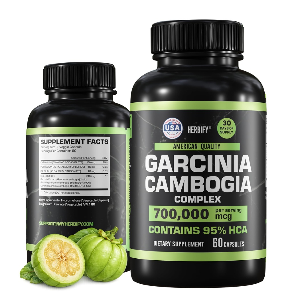 HERBIFY Garcinia Cambogia Velvære Støtte Supplement for kvinner og menn - Herbal Ekstrakt med antioksidant egenskaper - energiforsterker for daglig vitalitet og digestiv støtte - 60 Count
