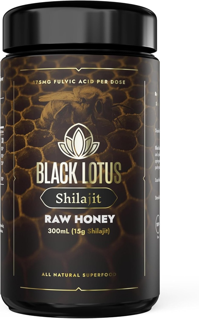 Svart Lotus ren Shilajit Resin Rå Honning flytende tinktur, 300ml, 100% ren naturlig Shilajit for menn og kvinner, Aminosyrer, 175mg Fulvic Acid, 85 Ionic Trace Minerals, For immunstøtte, Fokus, Energi