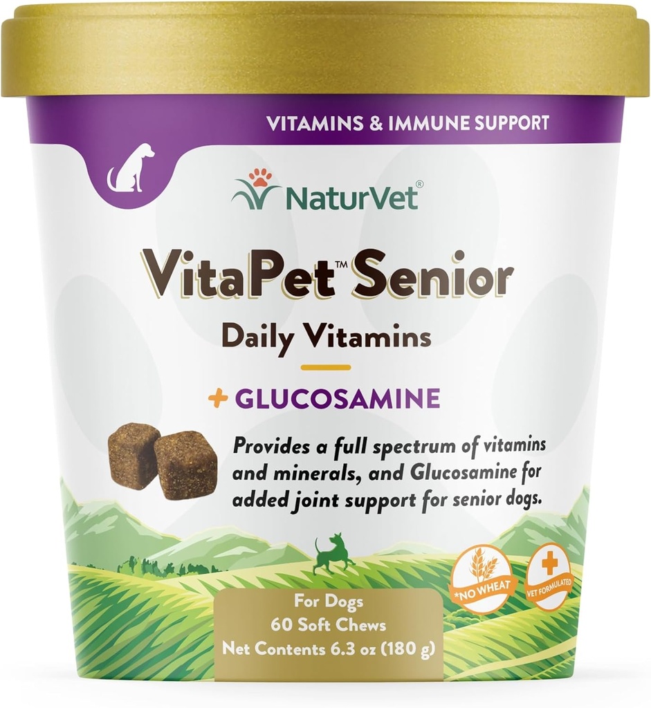 NaturVet VitaPet Senior Daily Vitaminer Plus Glukosamine for hunder, 60 ct Myke Chews, laget i USA med globalt kilde ingredienser