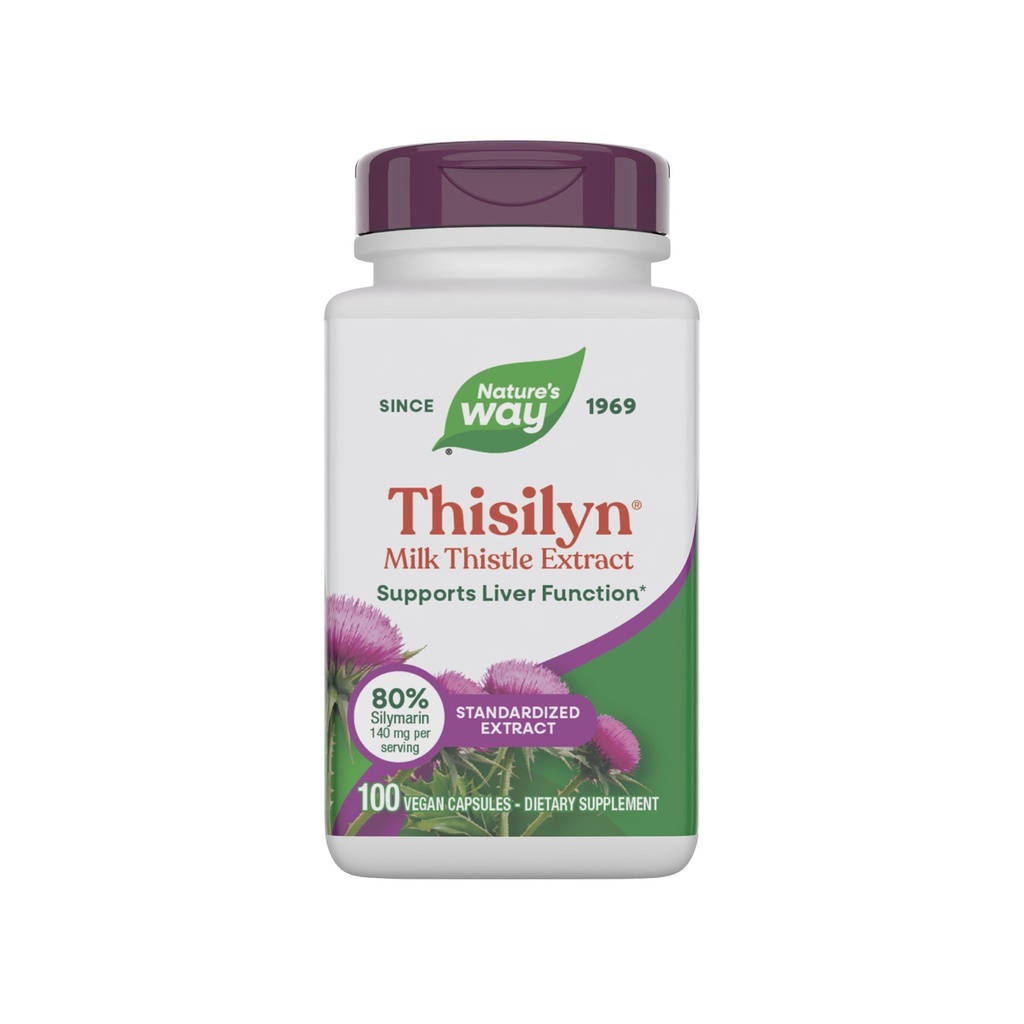 Naturens måte Thisilyn med standardisert melk Thistle ekstrakt, støtter leverfunksjon*, Silymarin, Vegan, 100 kapsler (Packing May Vary)