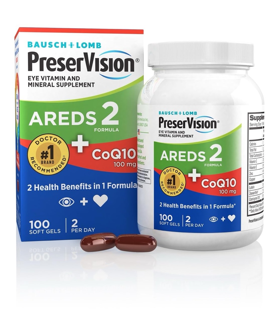 PreserVision AREDS 2 Øyevitaminer med CoQ10 for hjerte helse, #1 Øye lege anbefalt merkevare, lutein og Zeaxanthin Supplement med vitamin C & E, sink og kobber, 100 Softgels