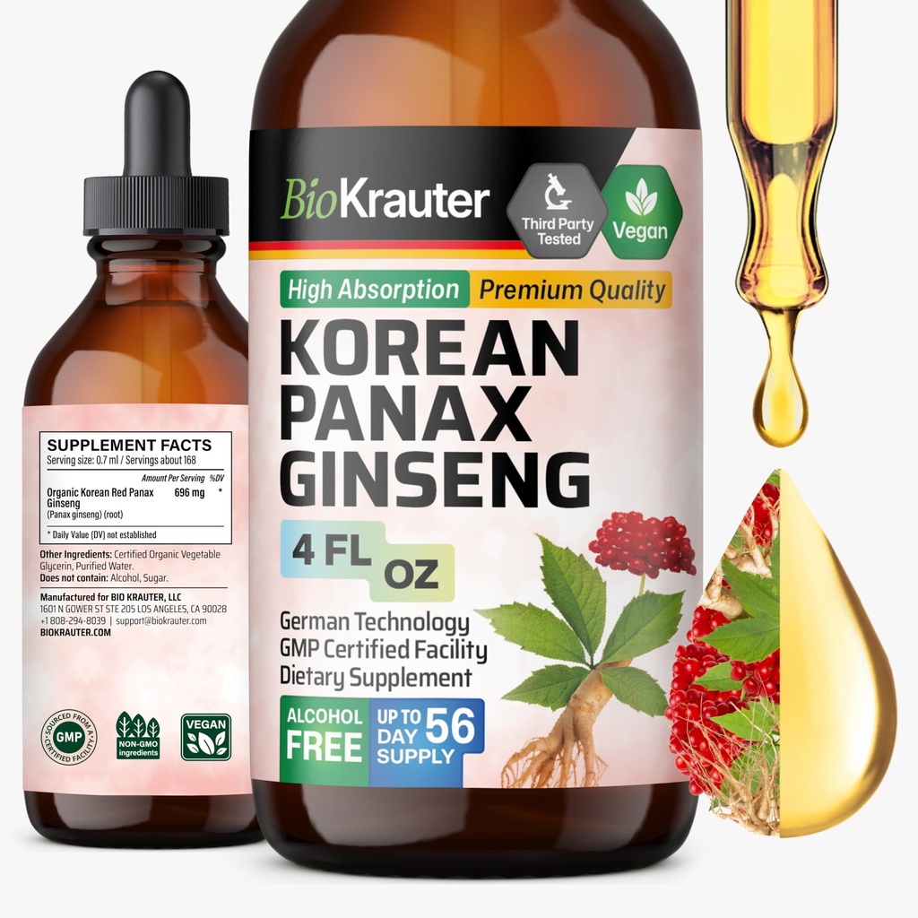 BIO KRAUTER Korean Red Ginseng Extract flytende - alkohol og sukker gratis Panax Ginseng Supplement - Vegan Immune Support Supplement - 4 Fl. Oz.