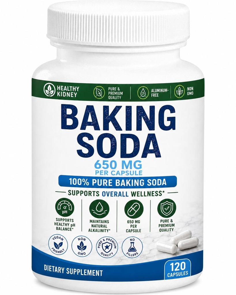 Naturlig Bake Soda Kapsler - 650 mg Bake Soda Tabletter for nyre- og magesyre - Natriumbikarbonatpiller, Bikarbonat av Soda, Bikarbonat de Sodio para Tomar, Natriumbikarbonat 650 mg Tabletter