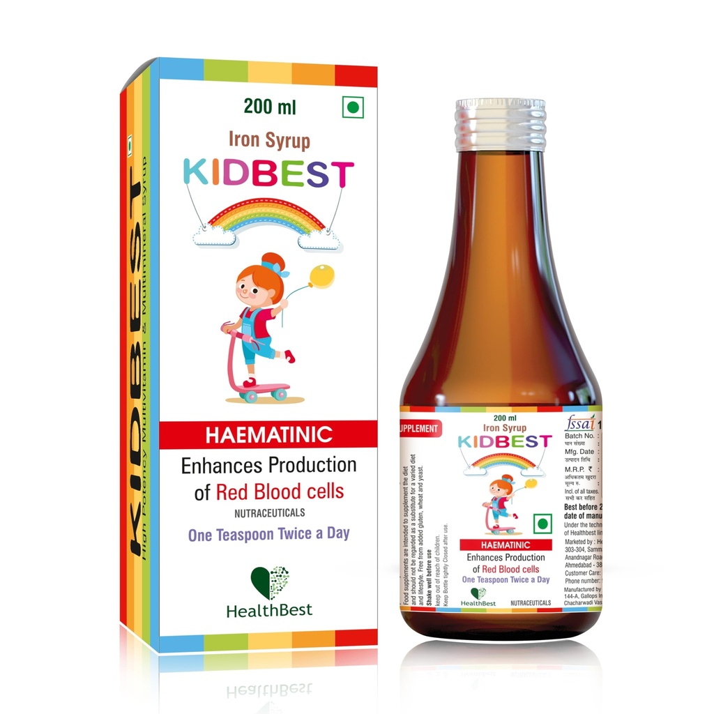 HelseBeste flytende jern Syrup for barn - Trippel handling med folsyre og sink - Boosts Hemoglobin, aptit og immunitet - Ingen metallisk smak - 200ml flytende supplement, trygt og effektivt