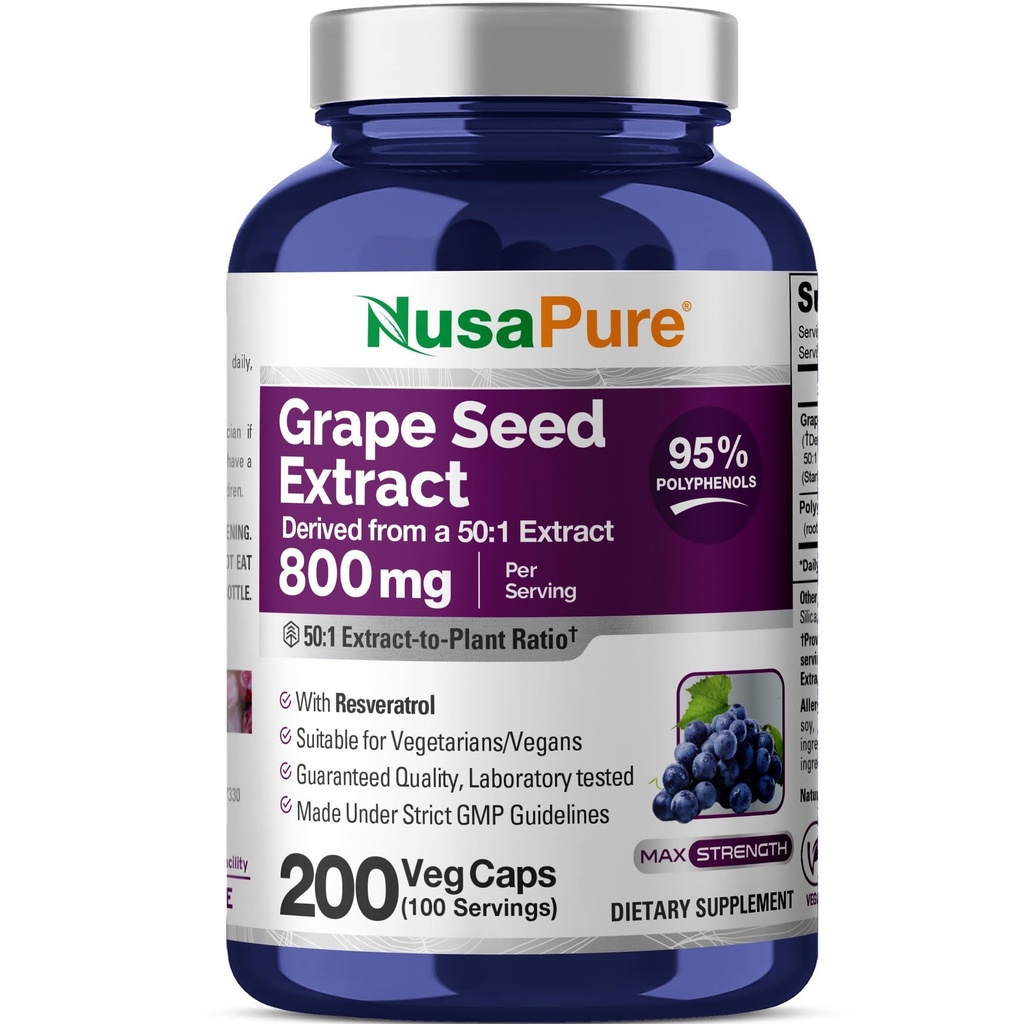 NusaPure Grape Seed Extract 40.000mg per Caps, 200 Vegan Capsules, Standardisert, Ikke-GMO, Glutenfri, Resveratrol