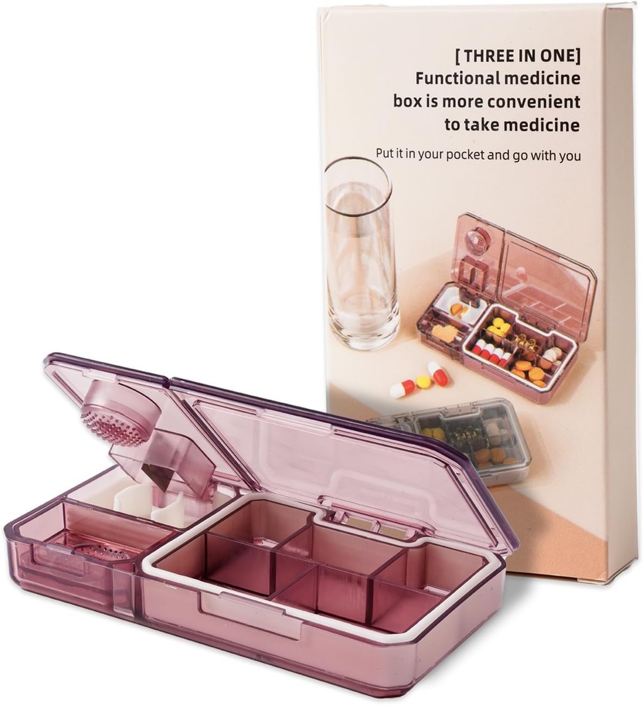 Pill Arrangør med Cutter Crusher:Travel Medisin Pill Organizer for Pocket Purse å holde vitaminer medisin kosttilskudd,Pink