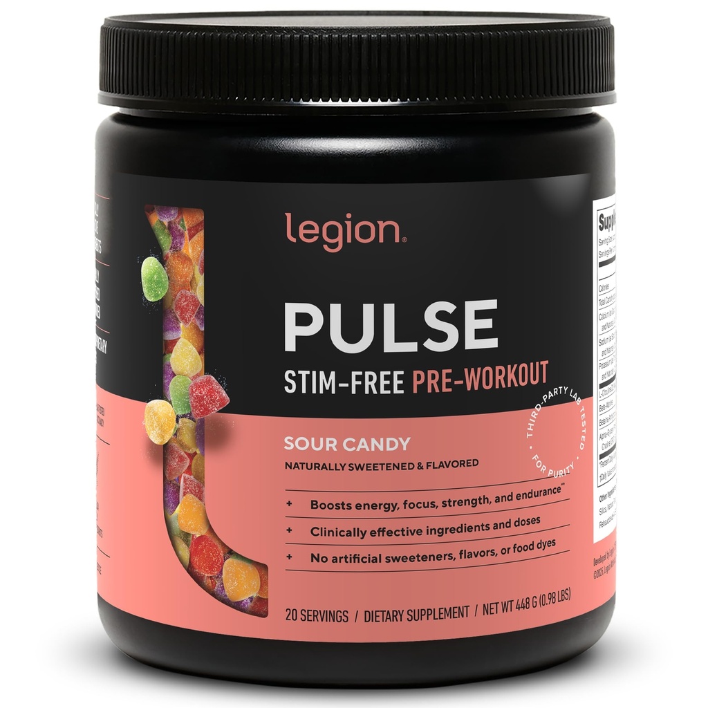 LEGION Pulse Pre Workout Supplement - Alle naturlige nitric Oxid Preworkout Drink å øke energi, Kreatinfri, naturlig søtet, Beta Alanine, Citrulline, Alpha GPC (kaffein gratis Sour Candy)