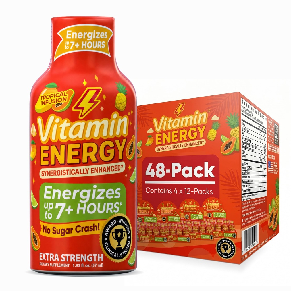 Vitamin energi fokus + Ekstra styrke energi Shot Tropical Infusion 48 Pack, 260 mg naturlig koffein, B-vitaminer, CoQ10, Aminosyrer, fokus, produktivitet og klarhet, null sukker, glutenfri, 1,93 fl oz
