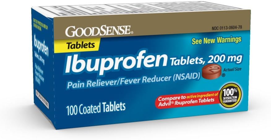 GoodSense 200 mg ibuprofentabletter, feberreduser og smertelindring fra kroppssmerter, hodepine, ledsmerter og mer, 100 teller