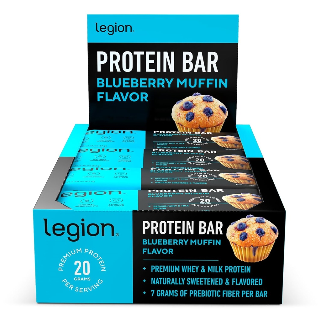 Legion Protein Bar Blåbærsmuffin - 100% Whey Protein, Soya Gratis Protein Barer med Prebiotisk Fiber - Lavt fett Sunn Protein Bar - Glutenfri, Naturlig Flavored, Lav Sukker Protein Bar (12 greve)