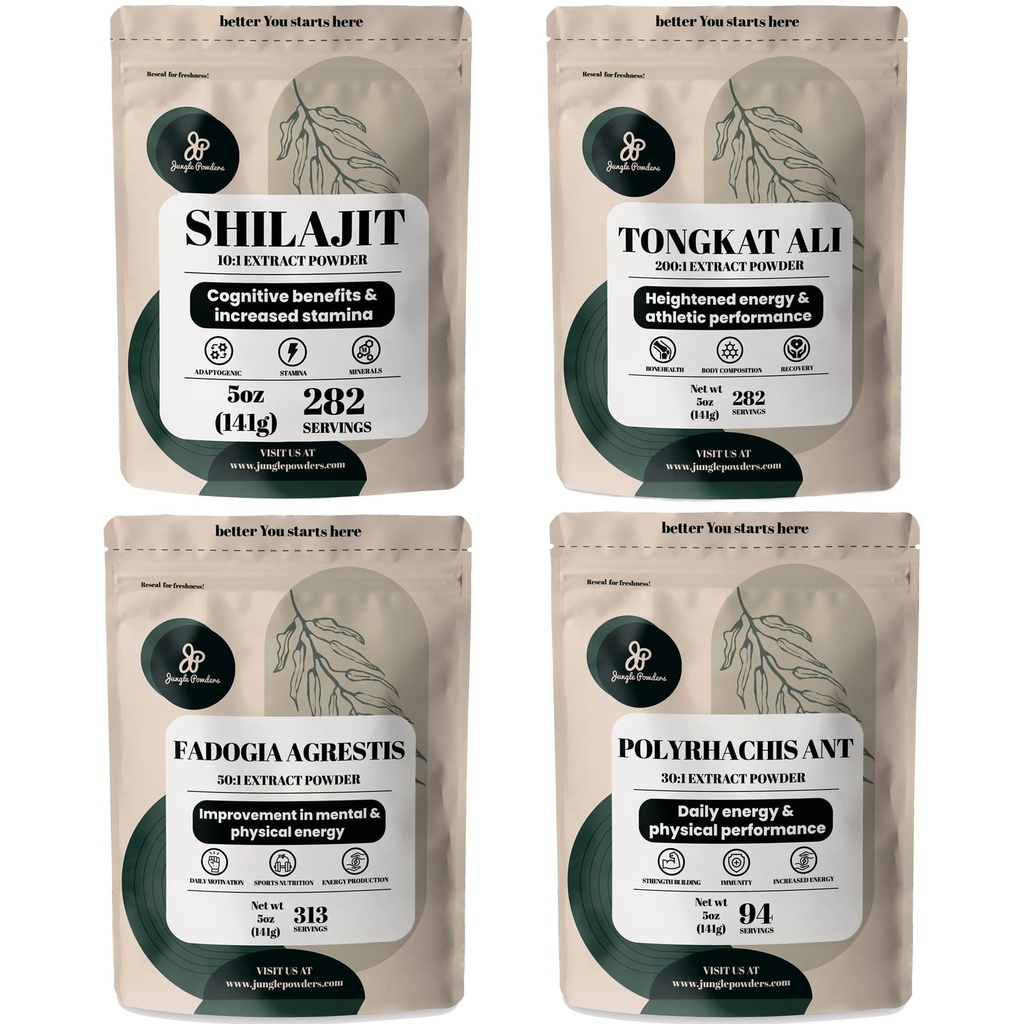 Jungle pulvere Herbal pulvere Bundle - Shilajit pulver, Tongkat Ali for menn pulver, Black Ant Extract pulver, Fadogia Agrestis Extract for menn Supplement