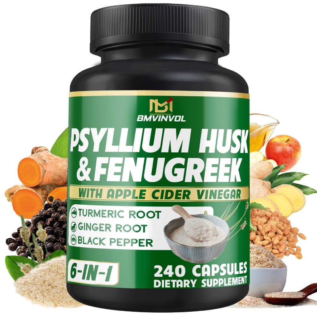BMVINVOL Psyllium Husk Fiber Supplement med Fenugreek, Apple Cider Vinegar, Turmeric, Ginger, Black Pepper- Digestion Helse Support - 240 Kapsler