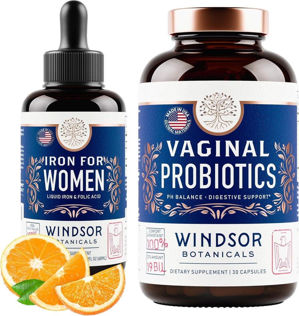 WINDSOR BOTANICALS Vaginal probiotika og flytende jern Supplement Kvinnelig helsestøtte Bundle